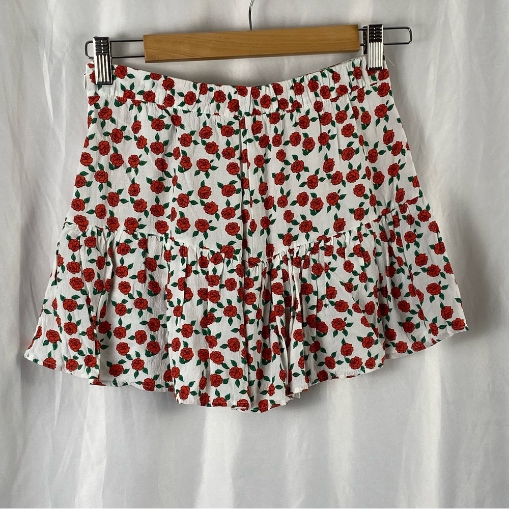 Zara Floral Red Rose Print Mini Skort Ruffle Hem Viscose Cottagecore Size XS